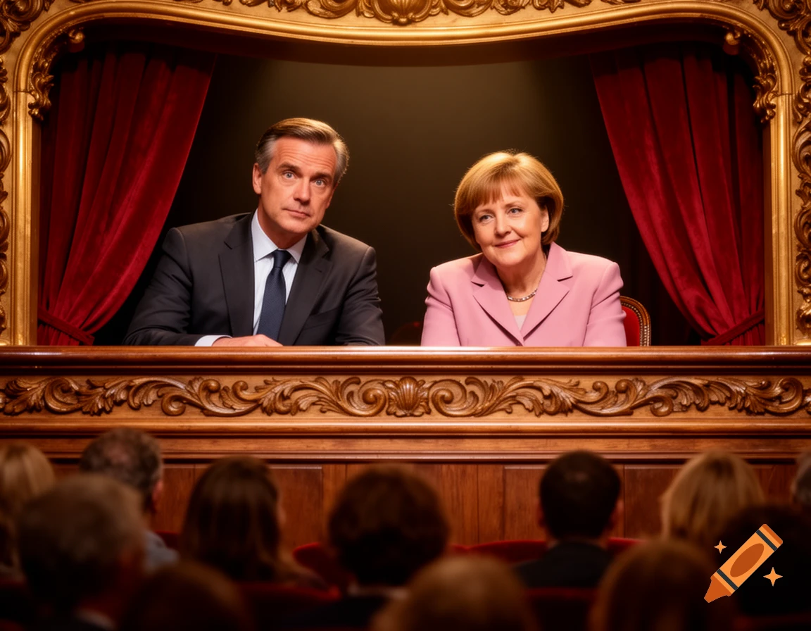 Friedrich Merz and Angela Merkel sit in a gilded theater box with red curtains, looking at an audience.
