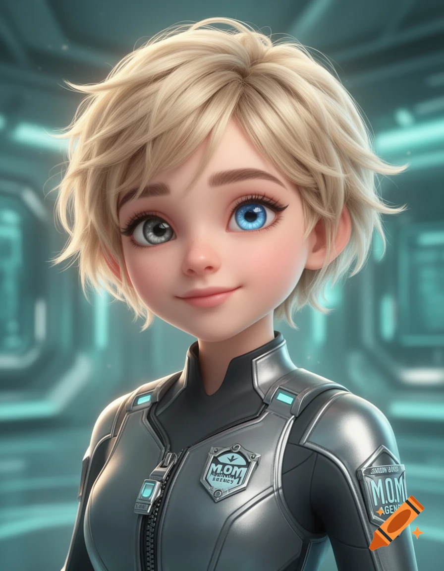 Animated girl with short blonde hair, heterochromatic eyes, and a futuristic gray suit with badges.