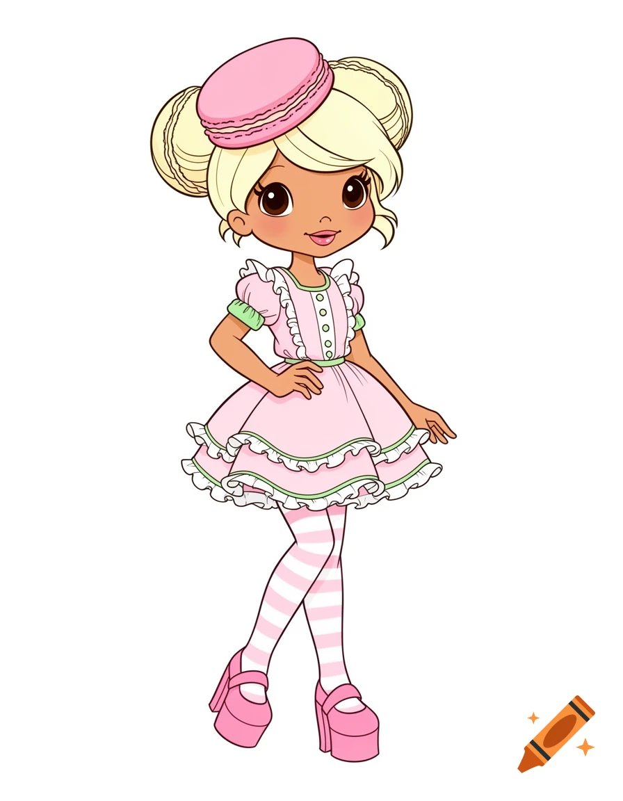 A 2D retro cartoon girl in a pink macaron hat, pink ruffled dress, striped tights, and pink platform shoes on a white background.