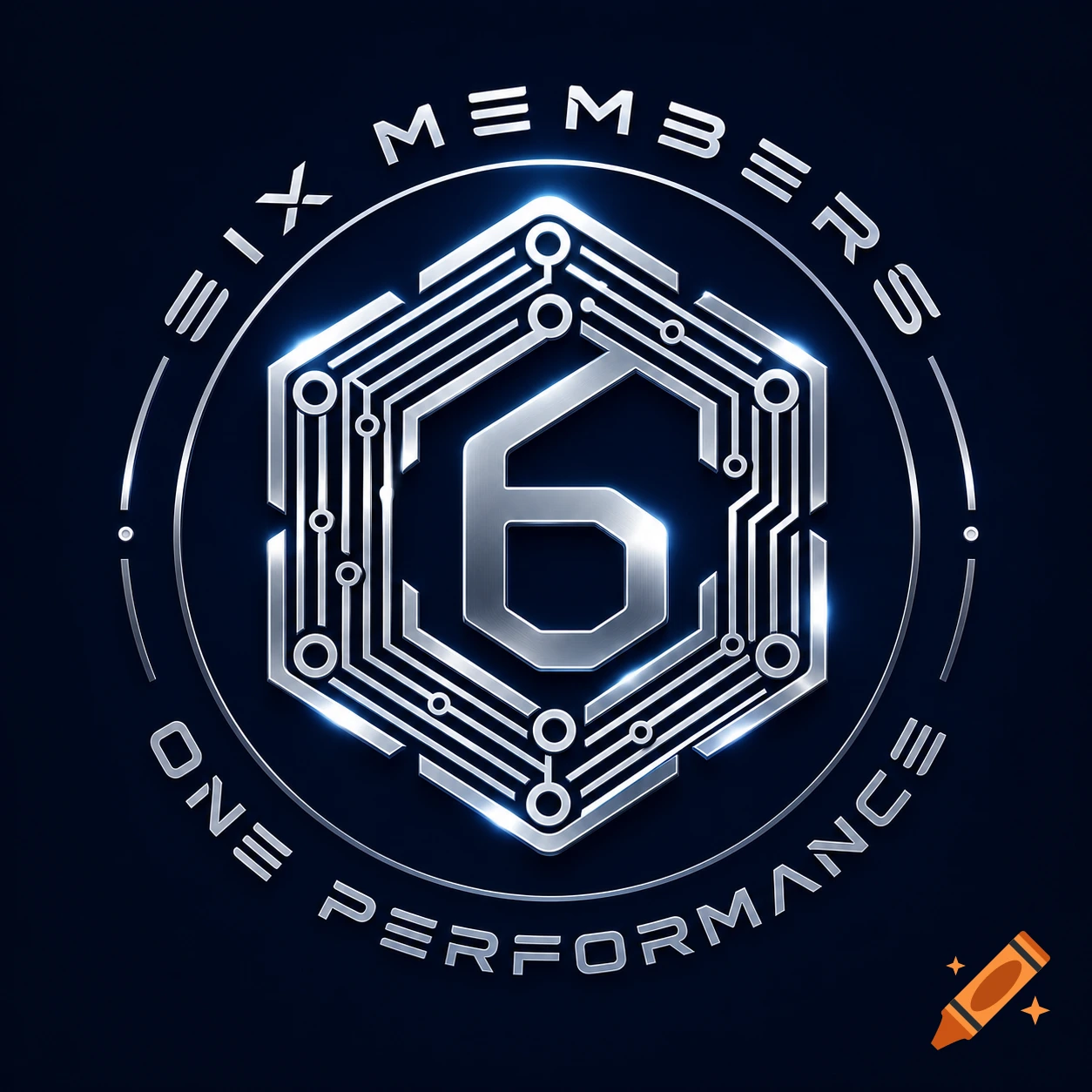 A futuristic metallic silver logo with a hexagonal circuit board design, a large '6' in the center, and text 'SIX MEMBERS ONE PERFORMANCE' on a dark blue background.