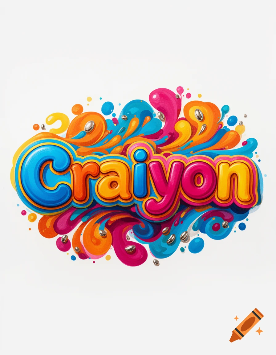 A colorful, bubbly 3D illustration of the word "Craiyon" surrounded by vibrant paint splatters and metallic beads on a white background.