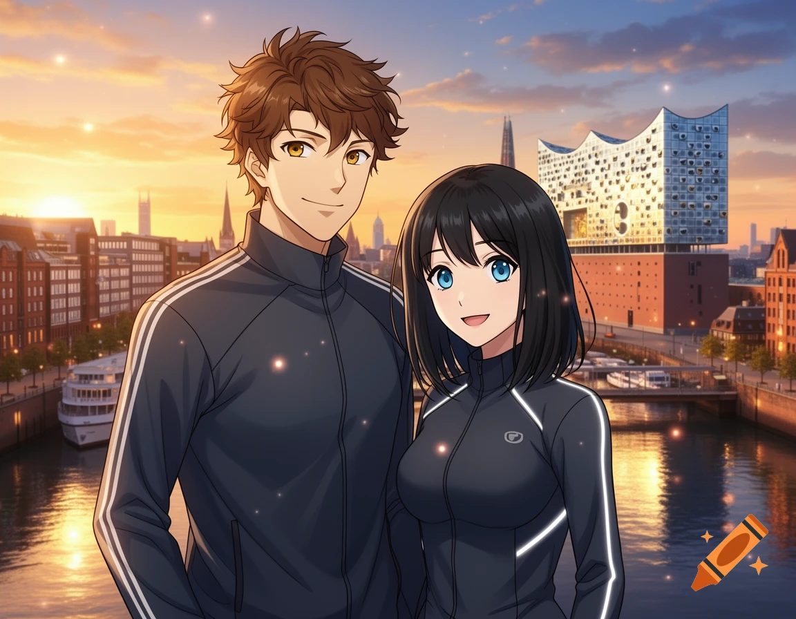 Anime couple in sportswear smiling, with the Elbphilharmonie and Hamburg cityscape at sunset in the background.