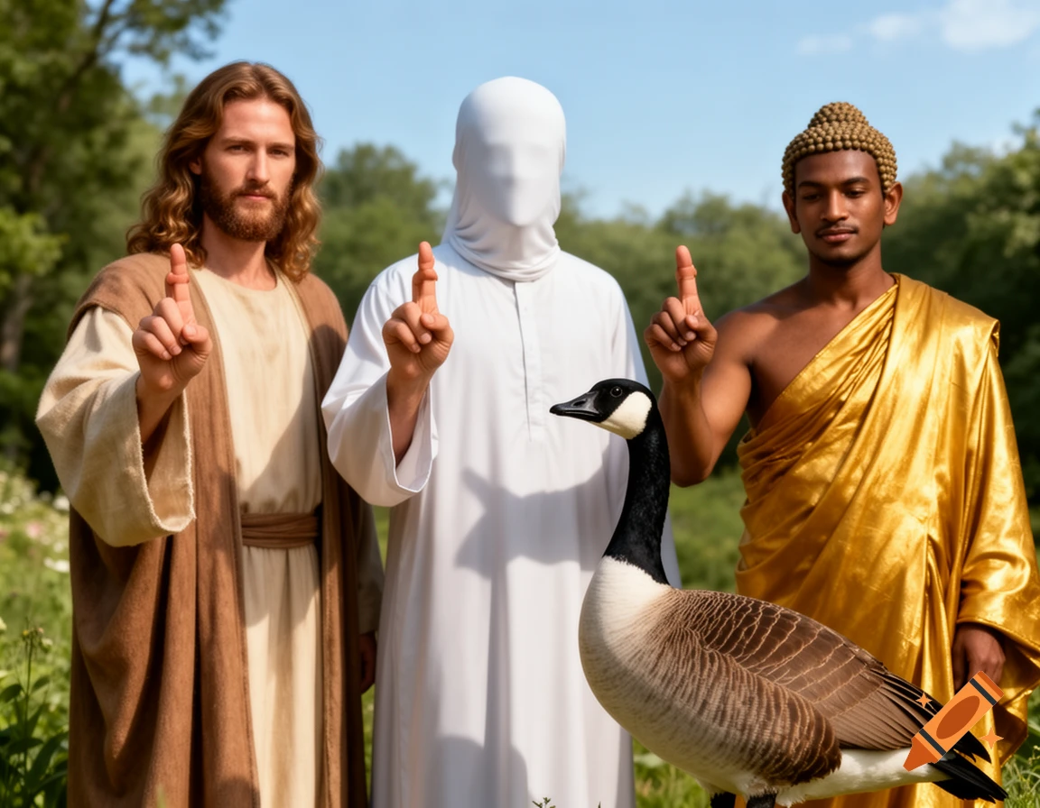 Jesus, an anonymous figure in white, and Buddha standing with a Canada goose in a field, all pointing their index fingers skyward.
