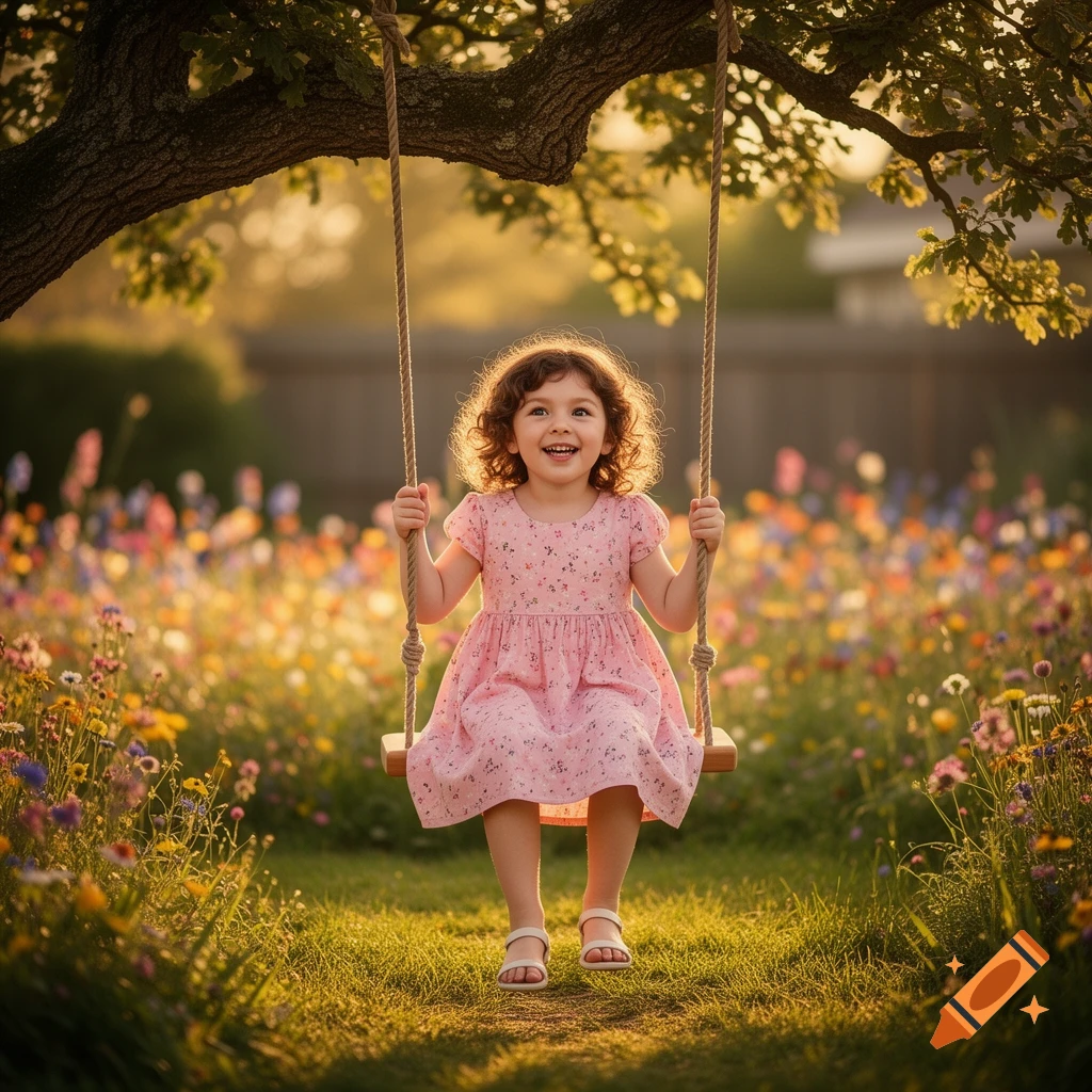 A happy young girl in a pink dress swings under a tree in a sunny field of wildflowers.