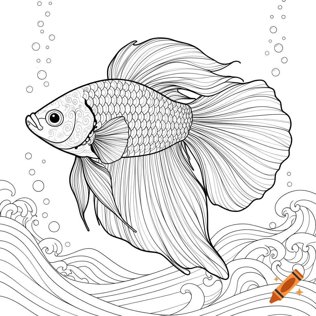 Detailed line art coloring page of a betta fish with flowing fins, surrounded by bubbles and stylized waves.