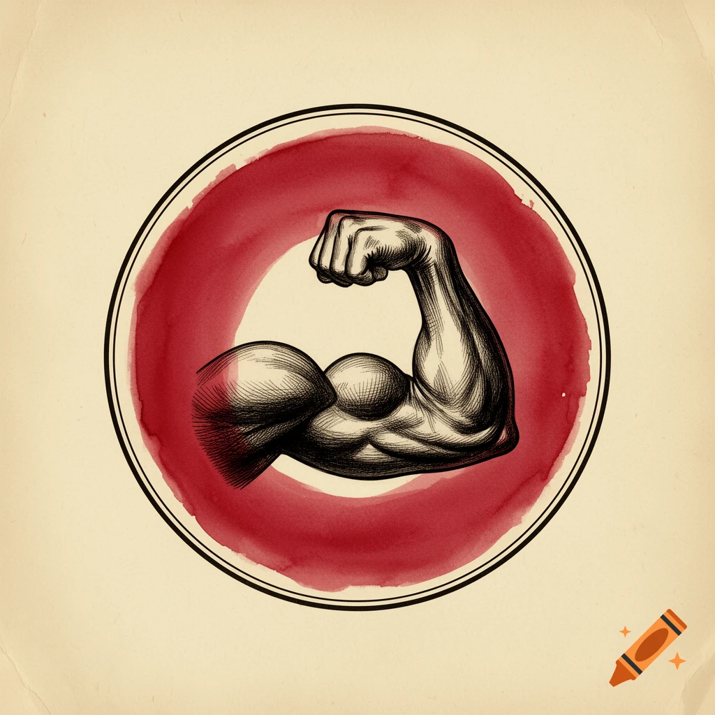 An ink wash engraving illustration of a flexed muscular bicep and forearm in a black ink style, set within a crimson red watercolor circle, on an aged parchment background.