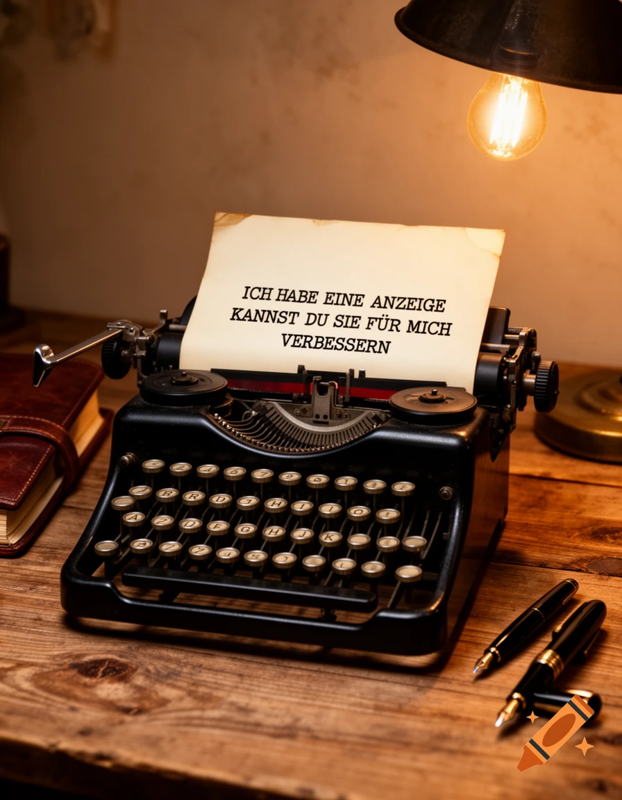 A vintage black typewriter with a paper containing German text sits on a wooden desk, illuminated by a warm-glowing lamp.