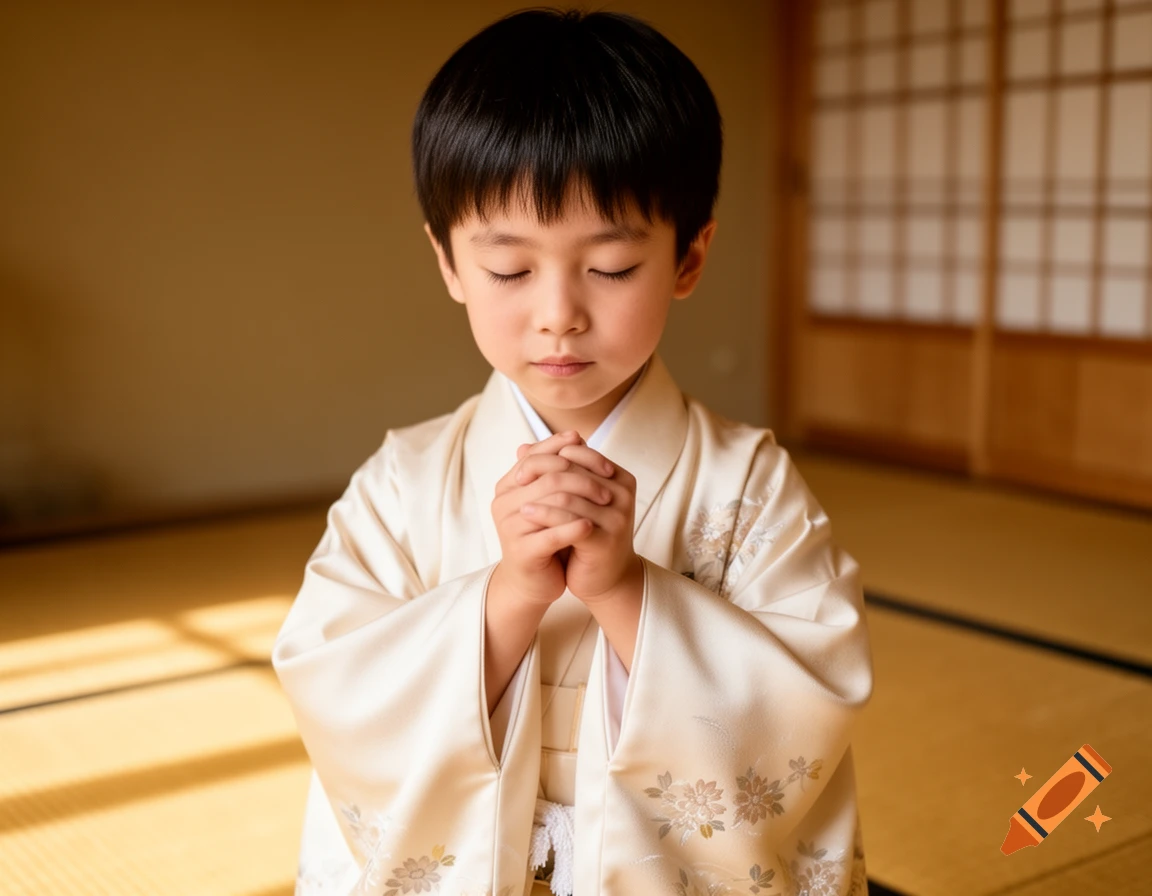 A young Japanese boy with eyes closed and hands clasped, wearing traditional attire in a tatami room.