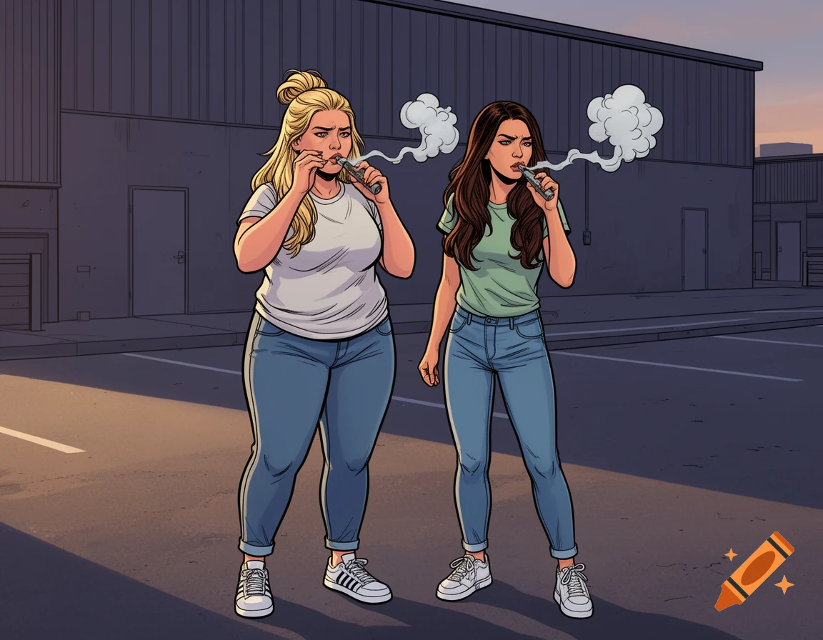 Comic art of two women, one blonde and one brunette, vaping on a parking lot in front of a warehouse.