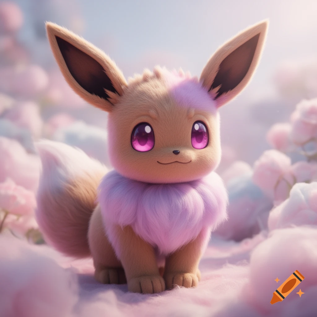 A fluffy, adorable Eevee-like creature with large ears and bright pink eyes sits in a soft pink, dreamy landscape.