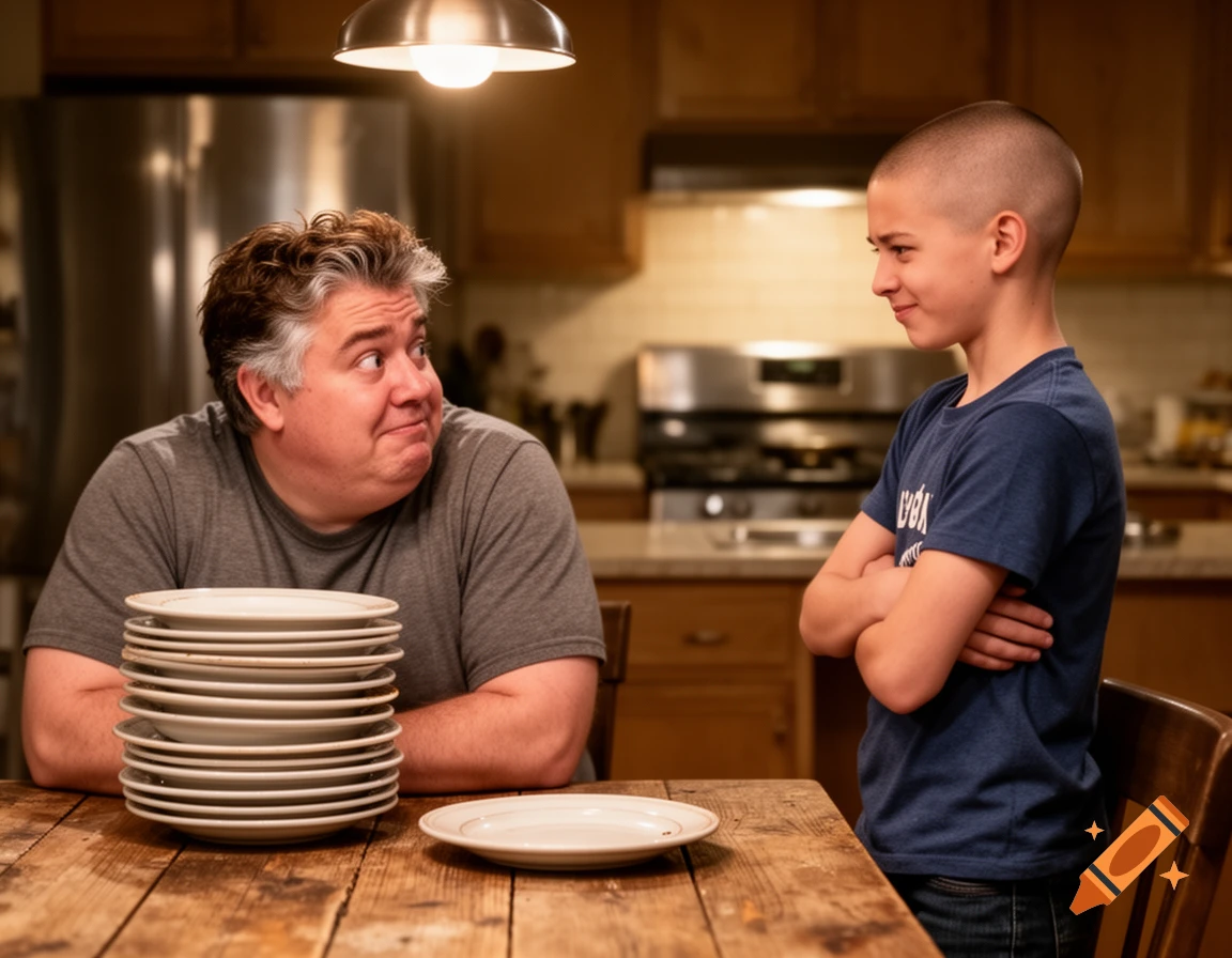 A man looking dismayed at a tall stack of plates while his young son, with a buzz cut, stands with crossed arms, looking determined in a kitchen.