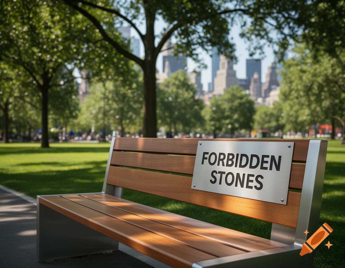 A photorealistic image of a wooden park bench with a "FORBIDDEN STONES" sign, set in a sunny park with a city skyline.