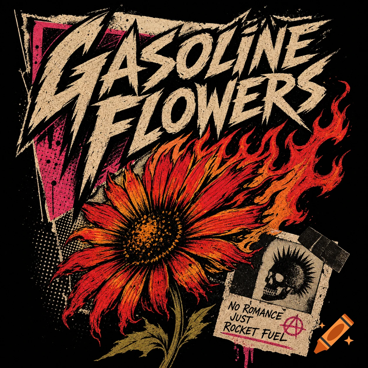 A distressed punk rock style band logo with a burning red sunflower, a skull, and the text 'Gasoline Flowers' and 'No Romance Just Rocket Fuel'.