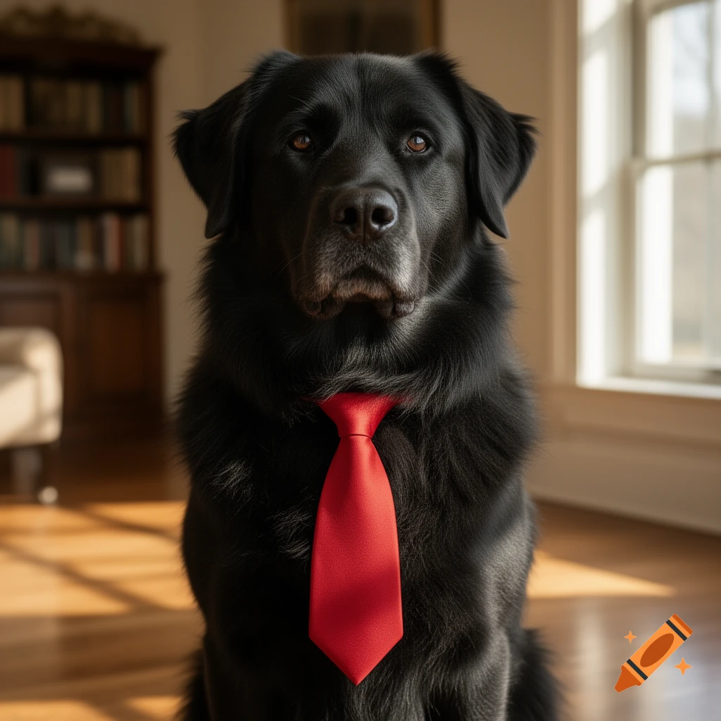 A photorealistic close-up of a black dog wearing a bright red tie, looking directly at the viewer.