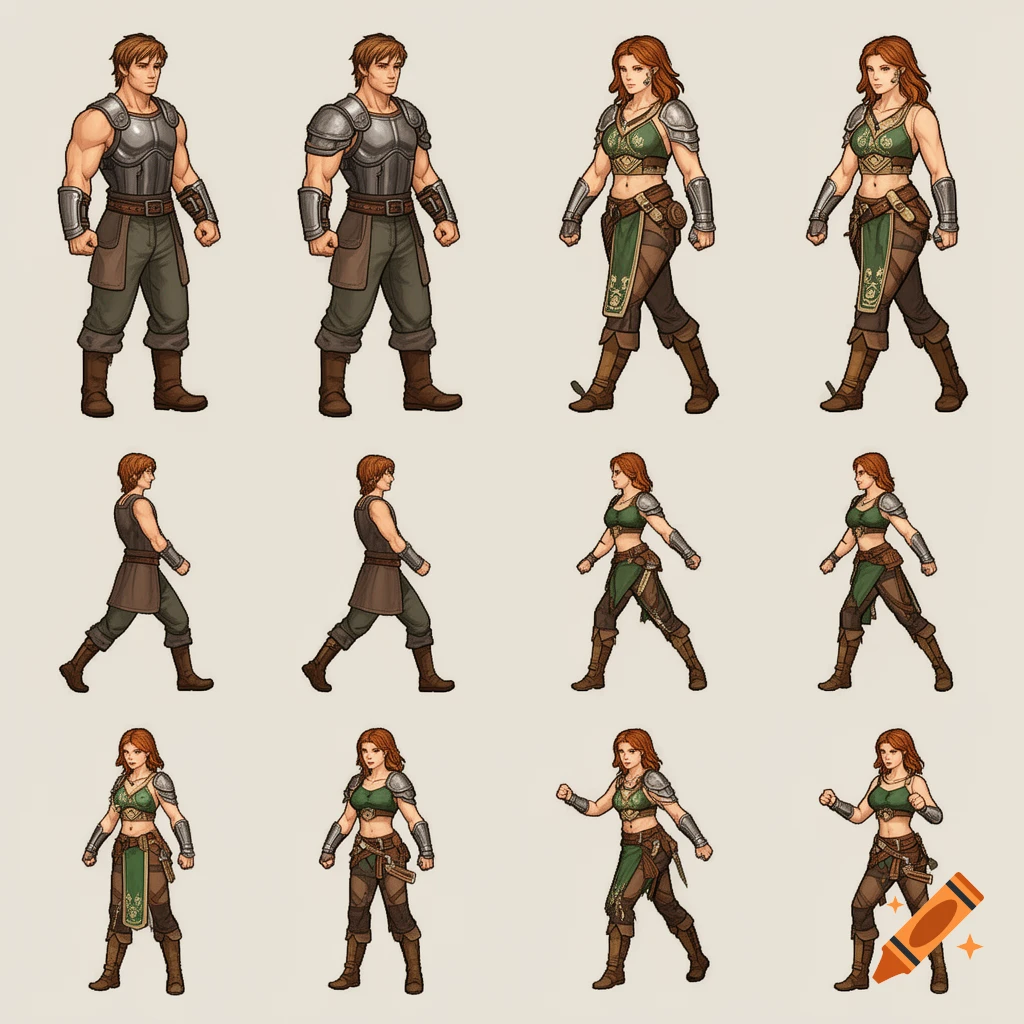 A grid of fantasy RPG male and female character sprites in various poses, wearing armor and medieval clothing.