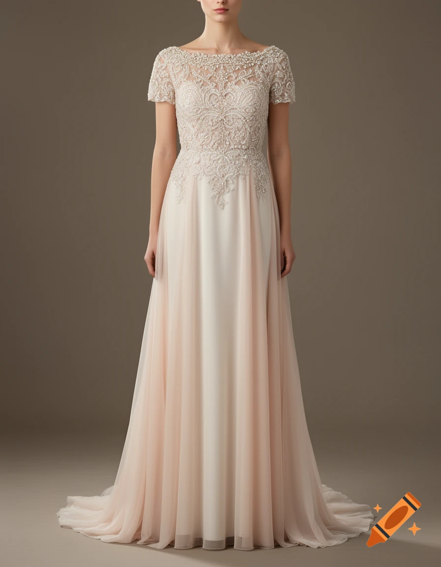 A woman models a blush and off-white column wedding dress with a beaded and lace short-sleeved top and a boat neckline.