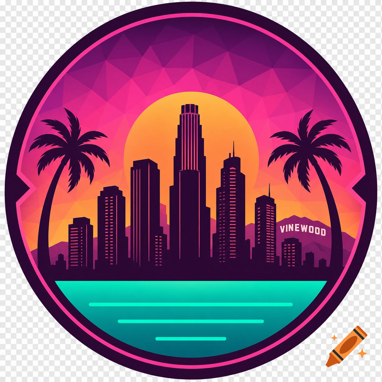 Circular emblem with a stylized city skyline, palm trees, and a sunset in purple, orange, and teal, with "VINEWOOD" text on a distant hill.