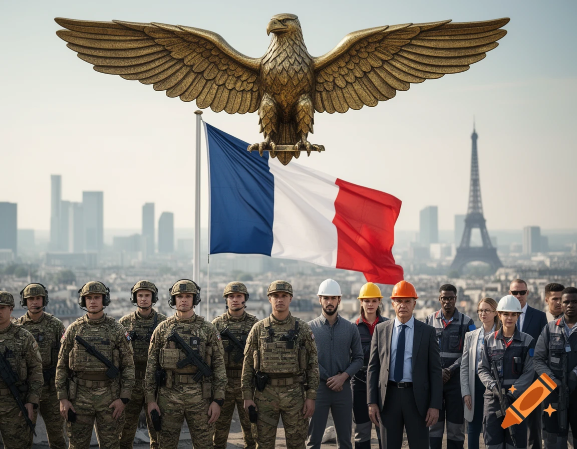 A golden eagle sculpture above a French flag, with soldiers and workers standing in front of a city skyline with the Eiffel Tower.