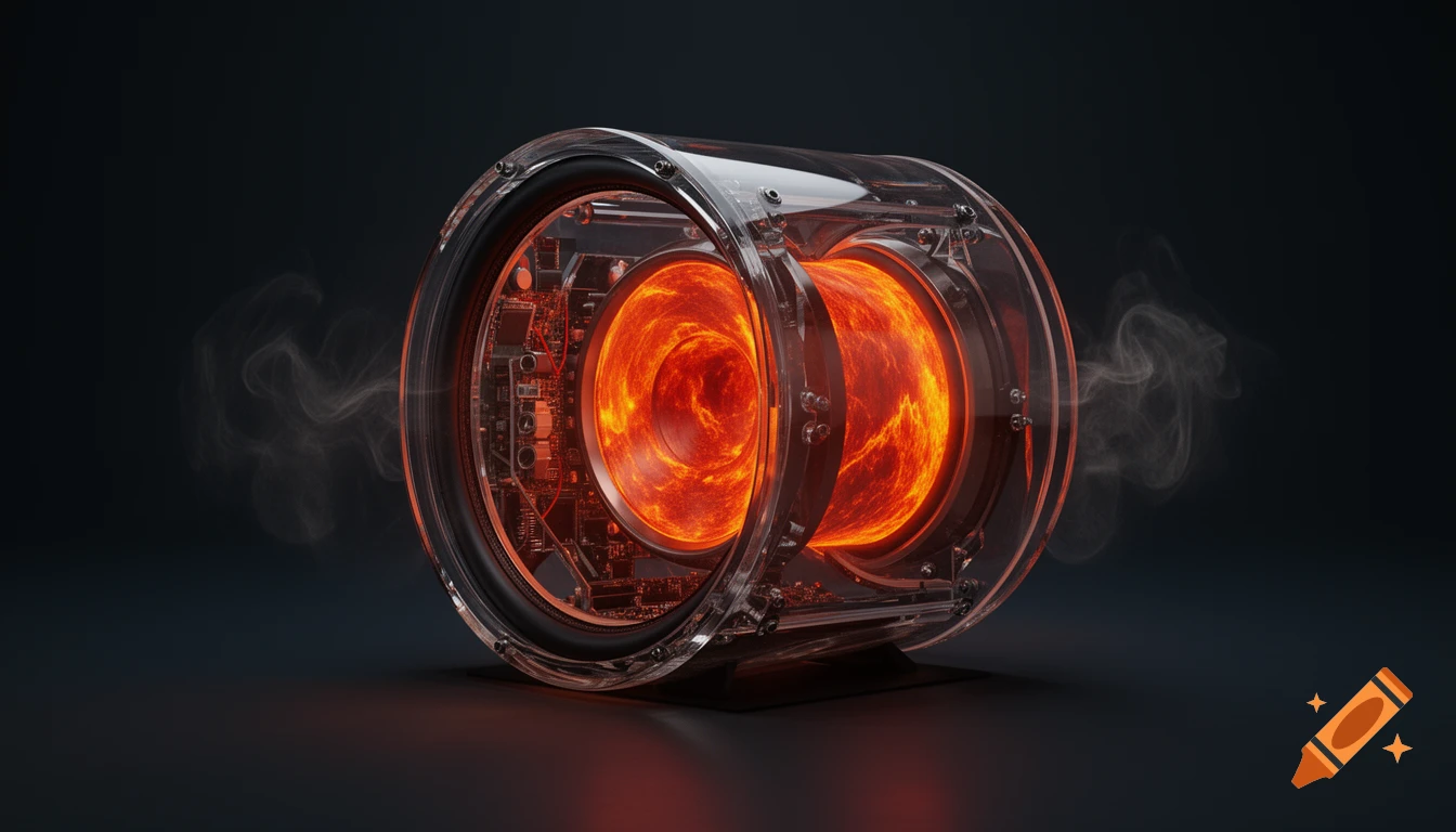 A transparent subwoofer with an intensely glowing, fire-like red and orange core emits smoke, set against a dark background.