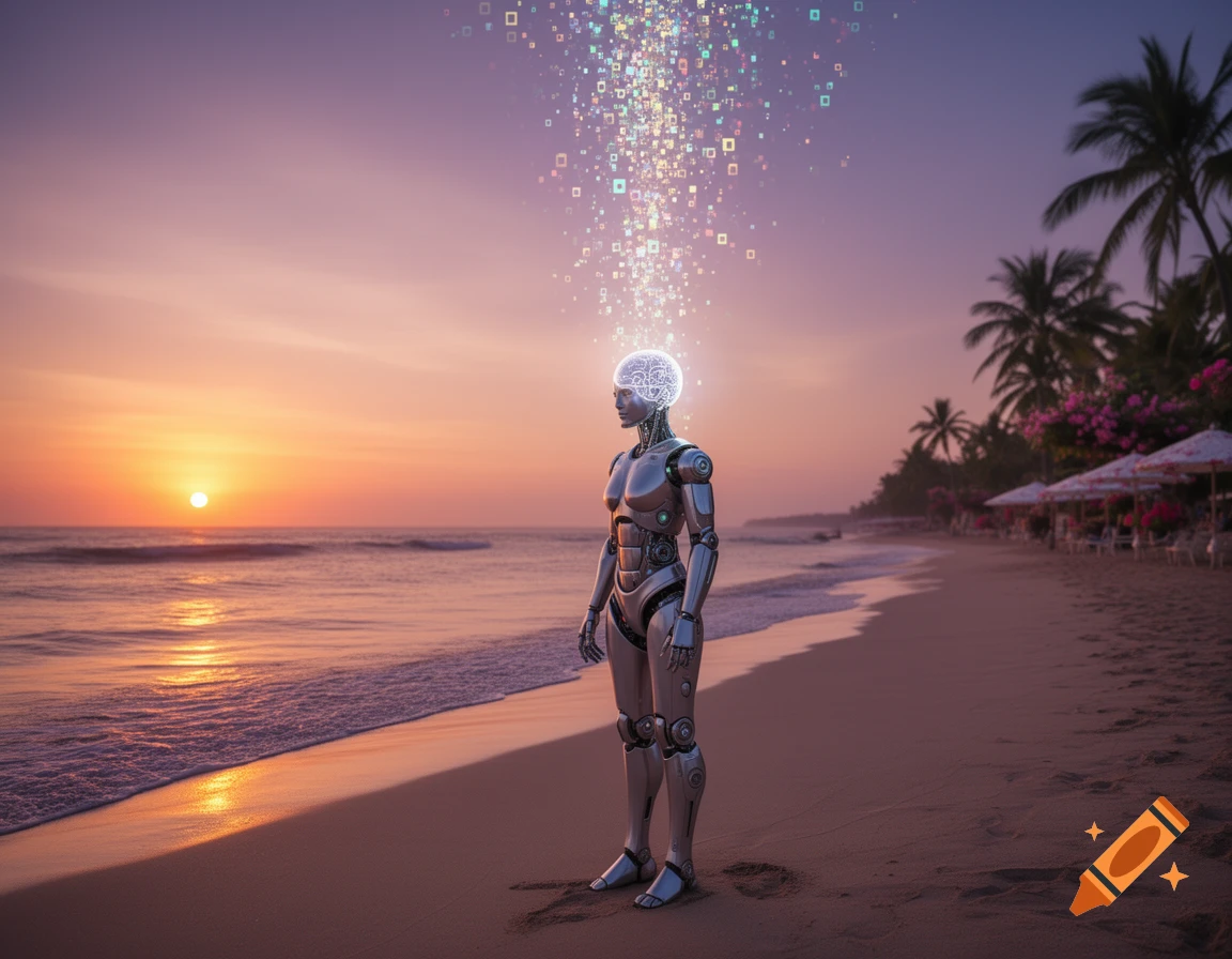 A silver humanoid robot stands on a sandy beach at sunset, with luminous pixels rising from its brain towards the sky.