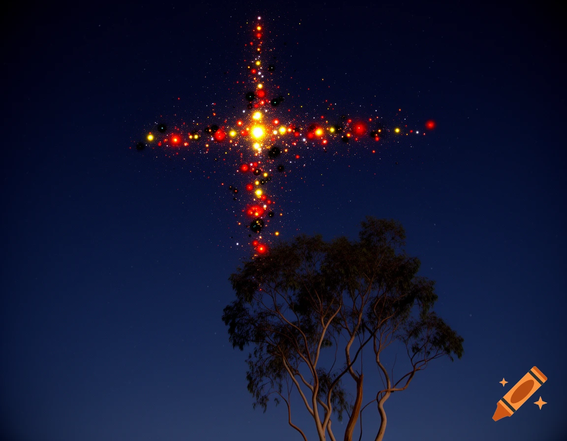 A tree silhouetted against a dark blue night sky, with a cross-shaped formation of red, yellow, and black glowing orbs above it.