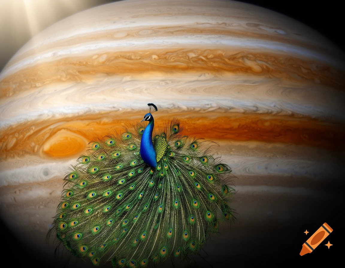 A vibrant blue and green peacock with its tail fanned out, set against the massive, banded planet Jupiter with subtle sunlight.