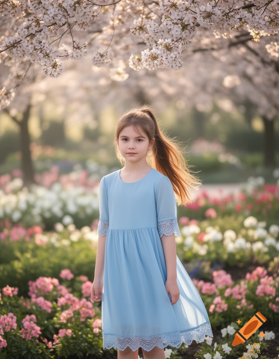 A young girl in a light blue dress stands in a vibrant flower field beneath a blossoming cherry tree. Photorealistic.