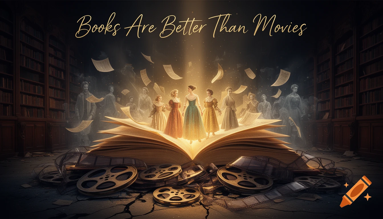 A surreal, cinematic image with a glowing open book, characters emerging from pages, movie reels, and floating pages in a library. Text: 'Books Are Better Than Movies'.