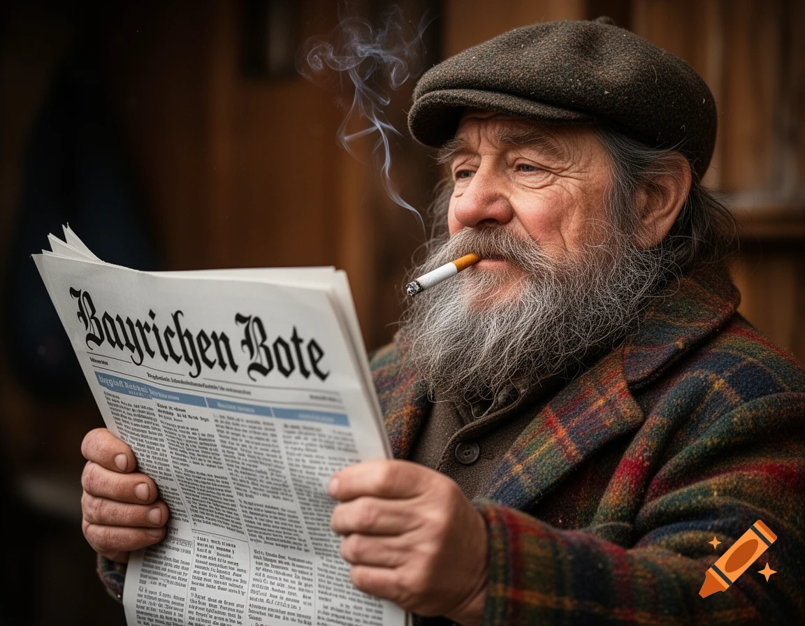 An elderly bearded man in a plaid coat and flat cap holds a newspaper titled "Bayrischen Bote" and smokes a cigarette, with smoke curling up.