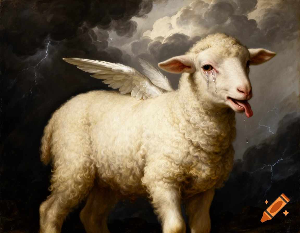 A dramatic Renaissance oil painting of a crying, winged lamb with its tongue out, set against a dark, stormy sky with lightning.