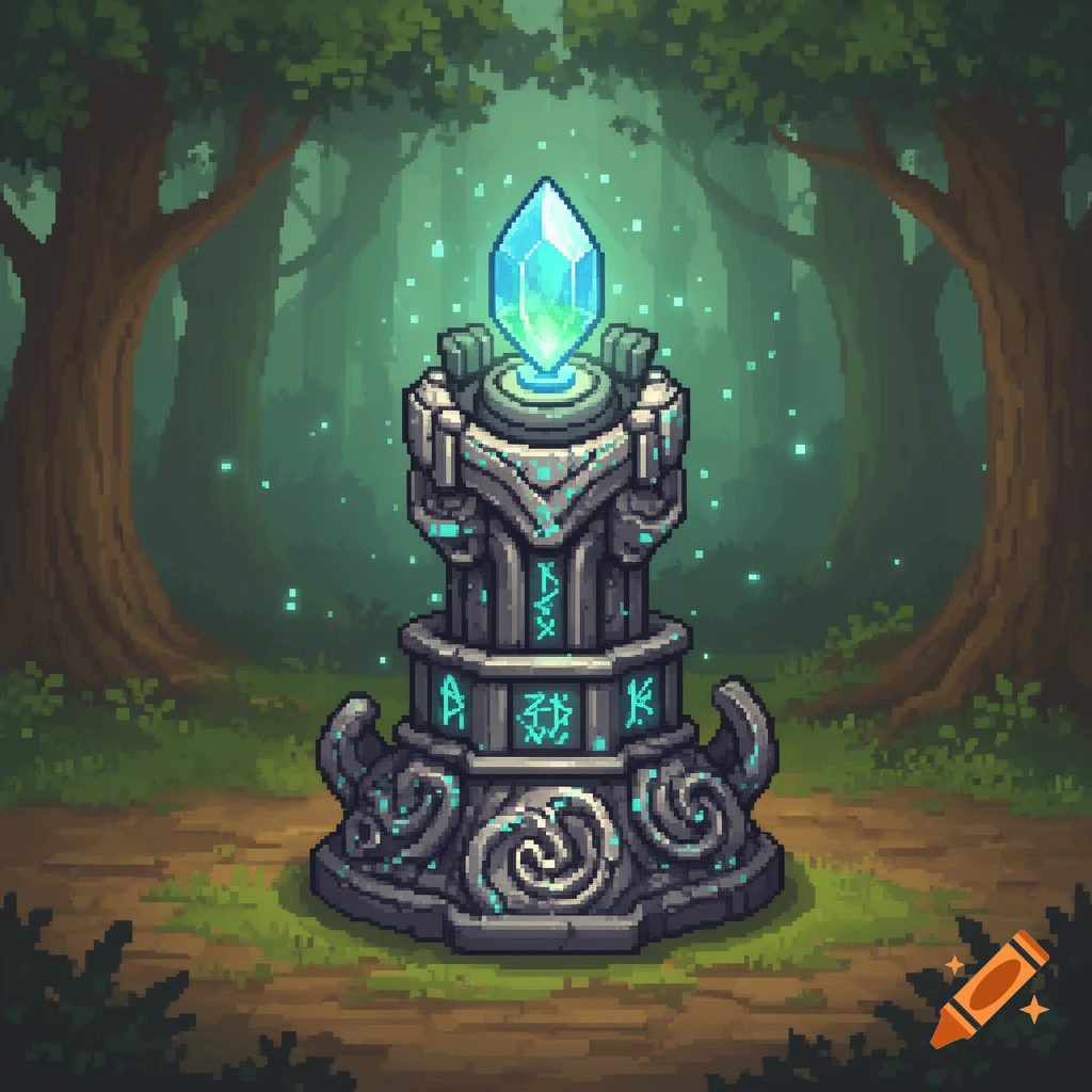 A pixel art illustration of a glowing blue magical crystal atop an ancient stone pedestal with decorative runes, in a mystical forest.