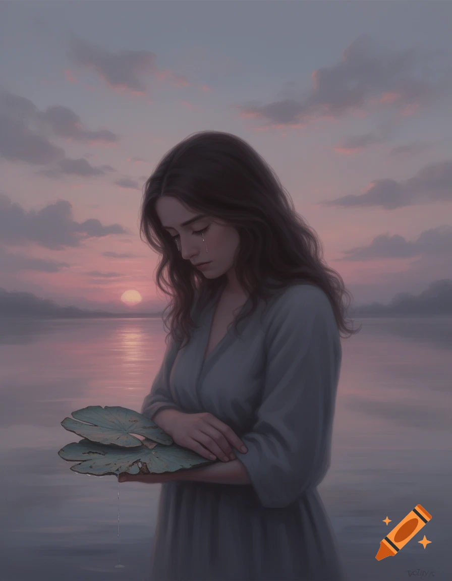 A sad woman with long brown hair holds green lily pads over water at sunset, a teardrop on her cheek, in a painterly style.