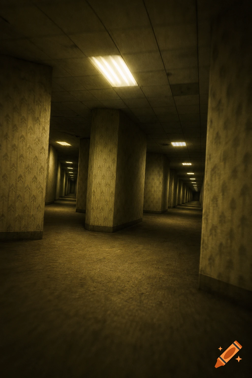 A long, empty, yellow-hued hallway with patterned wallpaper walls and rows of pillars extending into the distance, lit by fluorescent lights.