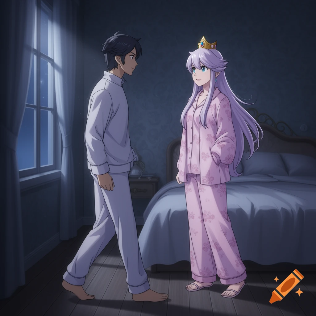 An anime man and a princess in pajamas stand in a dimly lit bedroom, looking at each other.