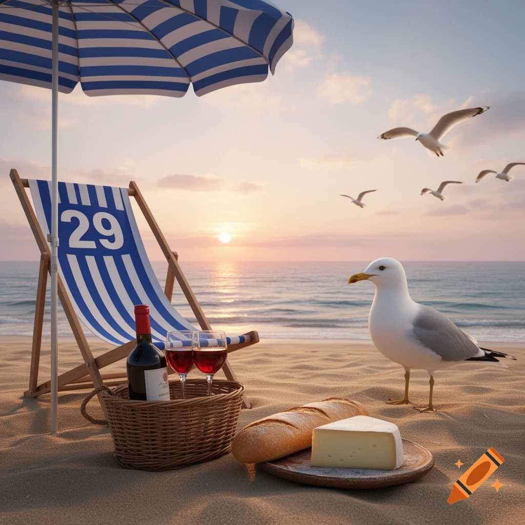 Photorealistic render of a beach sunset with a striped chair marked "29", umbrella, picnic basket with wine, baguette, cheese, and a seagull.
