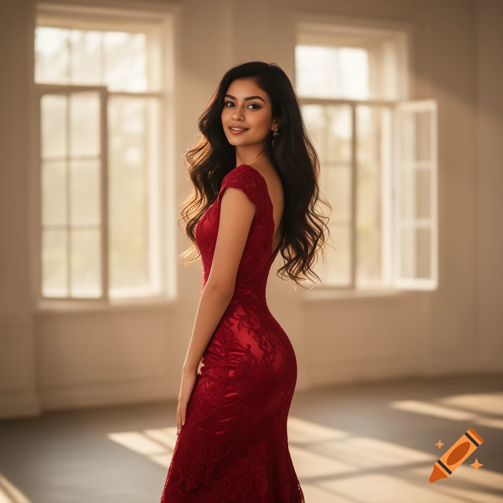 Photorealistic image of a young woman in a long, red lace dress, posing in a sunlit room with large windows.