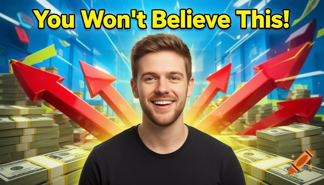 A smiling man in a black shirt stands before stacks of money and red upward arrows with the text 'You Won't Believe This!'.