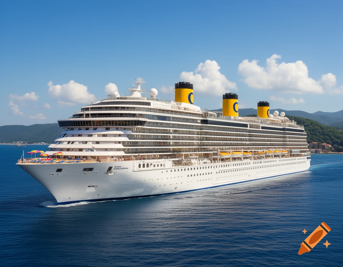 A large white cruise ship with yellow and black funnels sails on blue water past green islands under a clear sky.
