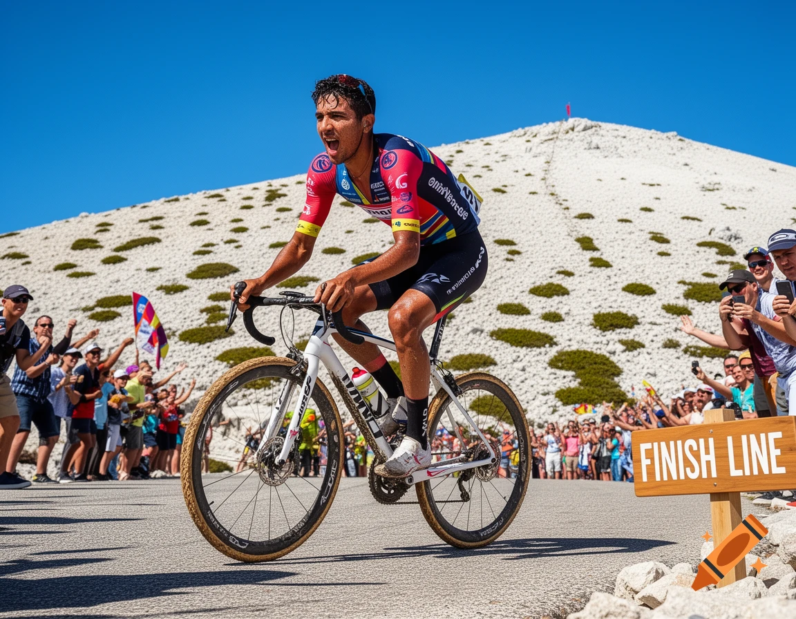 A male cyclist in a pink and blue jersey pedals intensely uphill past a "FINISH LINE" sign, with a cheering crowd and a white, rocky mountain under a clear blue sky.