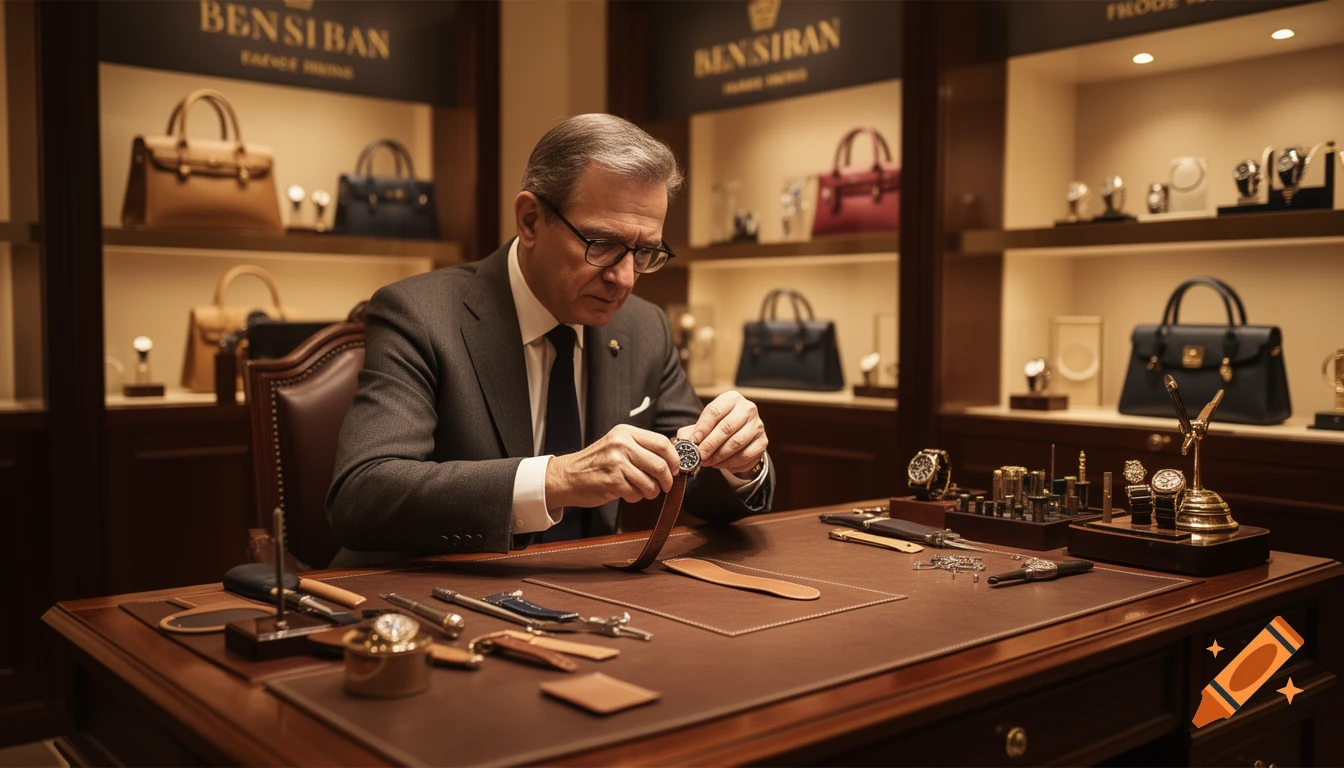 A man in a suit works on a watch at a luxurious wooden desk, surrounded by luxury handbags and watches in a high-end shop.