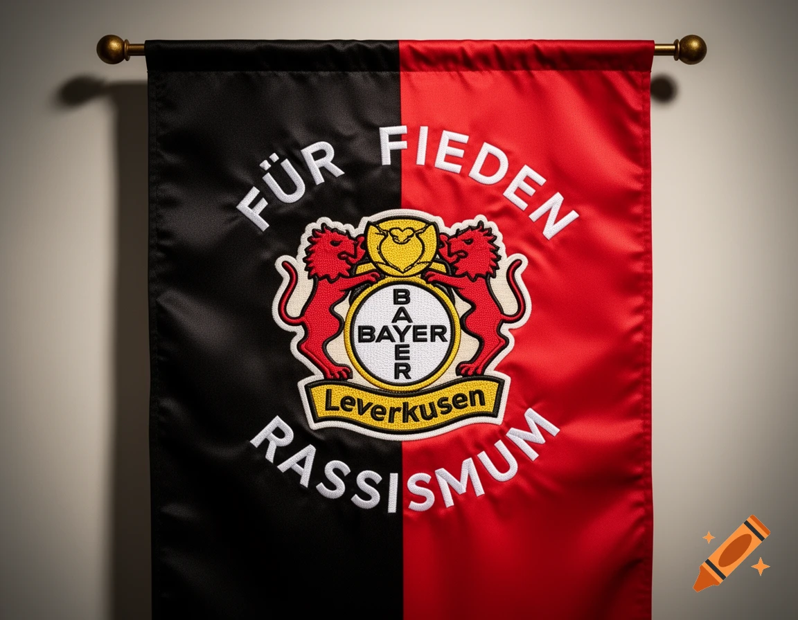 A black and red vertical banner for Bayer Leverkusen soccer club, featuring its logo and text in white promoting peace and opposing racism.