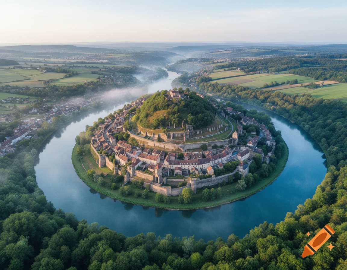 Aerial view of an ancient walled city nestled in a green river bend, with mist over the distant landscape.