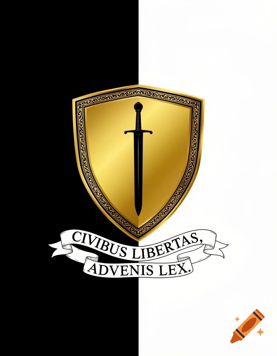A golden shield with a black sword, on a black and white background, with a banner reading CIVIBUS LIBERTAS, ADVENIS LEX.