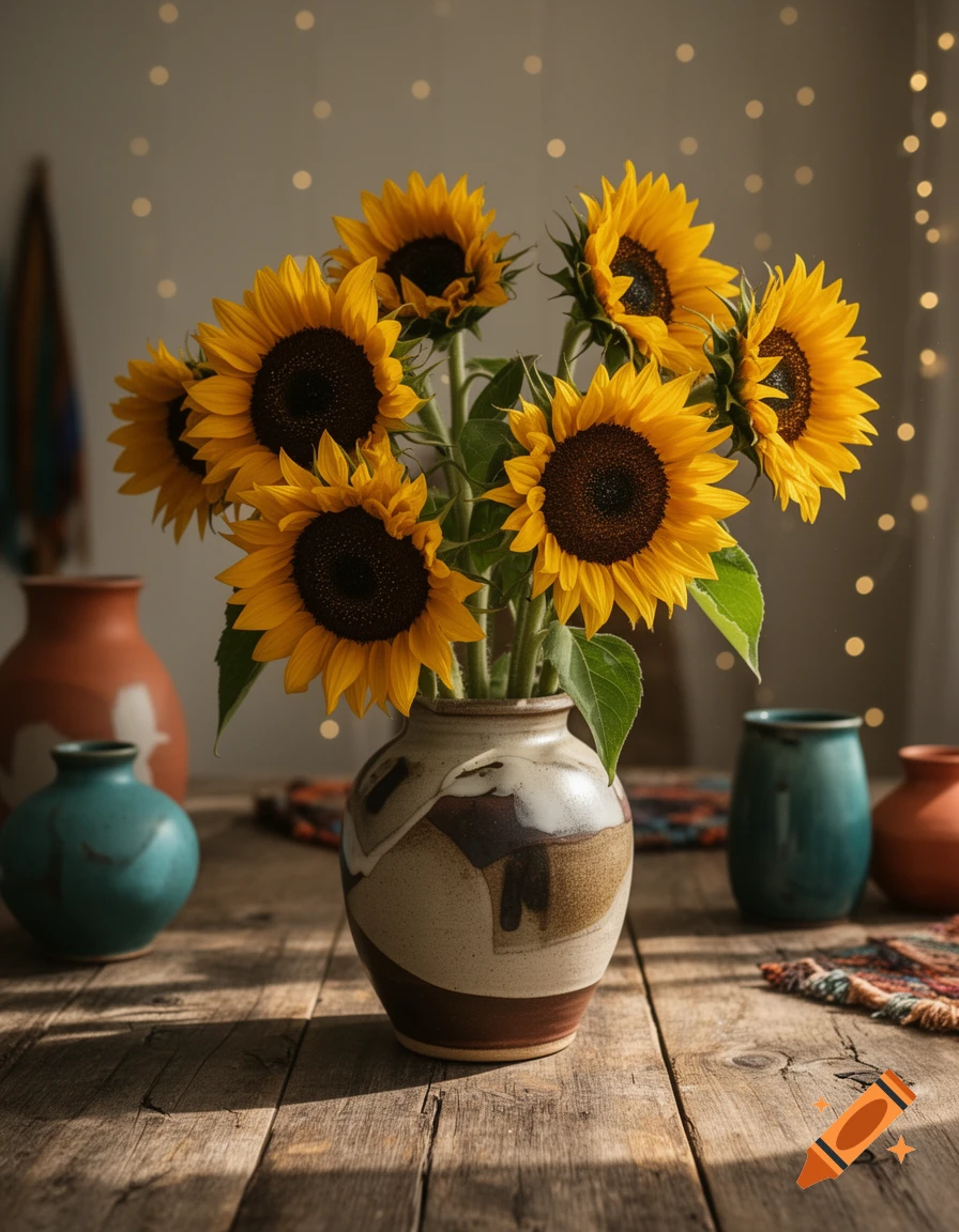 A bouquet of vibrant yellow sunflowers in a ceramic vase on a rustic wooden table, with soft background lighting.