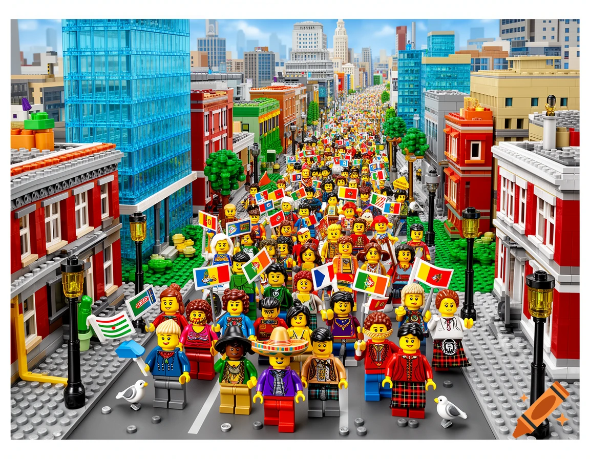 A vibrant Lego city scene with diverse minifigures marching in a street parade, many holding flags, with tall buildings in the background.