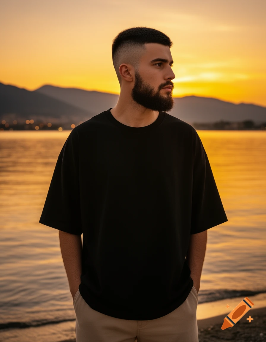 Photorealistic portrait of a bearded young man in a black t-shirt and beige pants, standing by a lake at sunset.