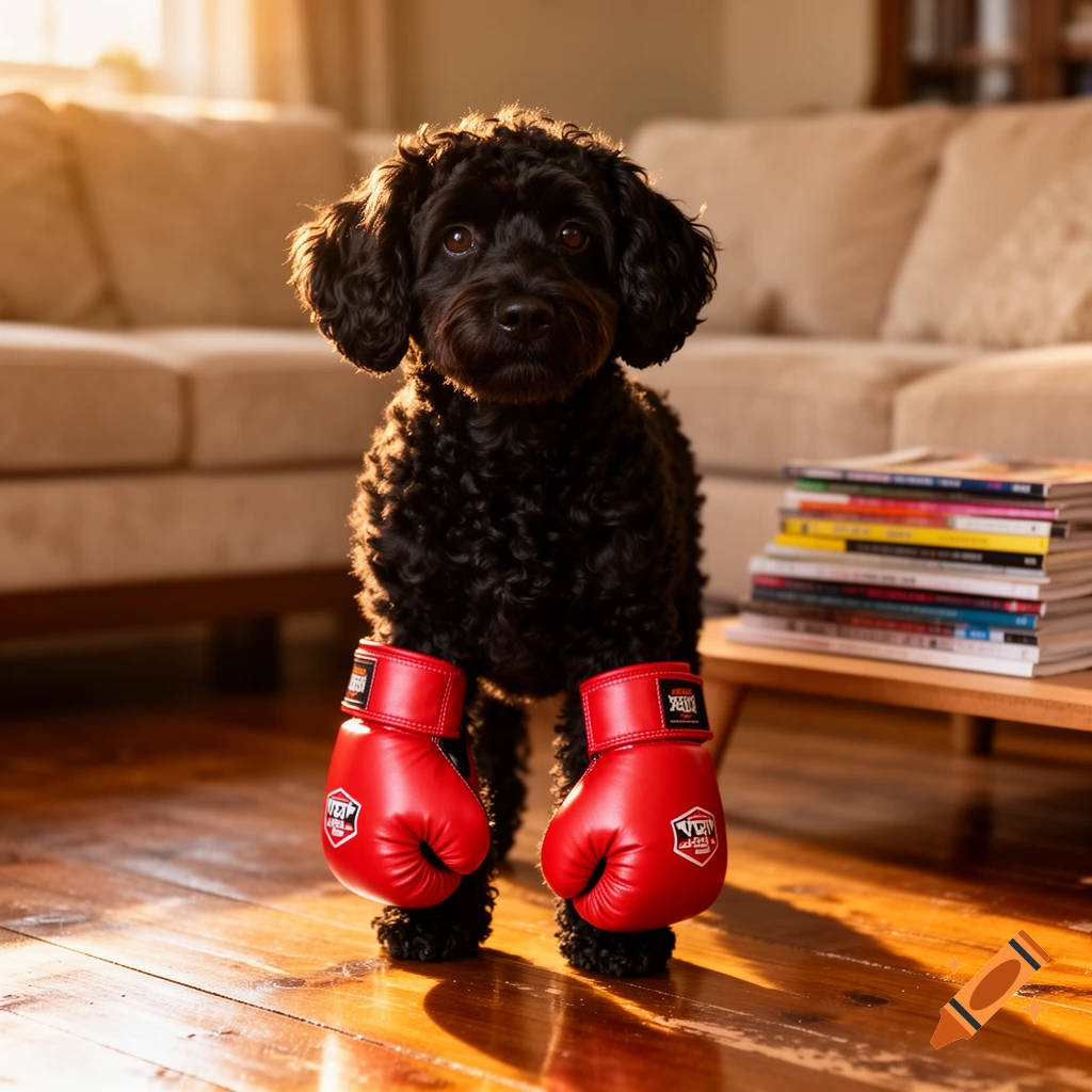 A black curly-haired dog stands on a wooden floor, wearing red boxing gloves, in a sunlit living room.