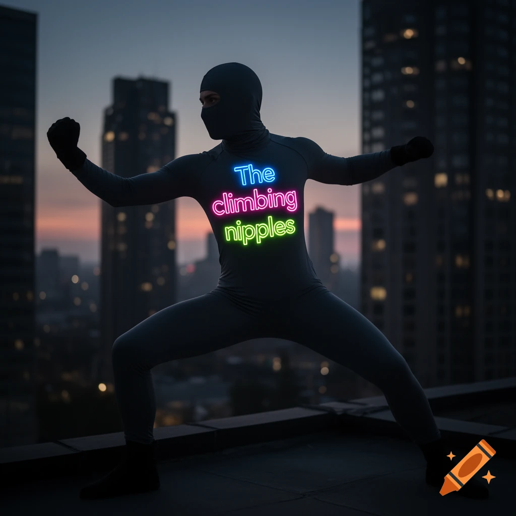 A masked figure in a dark suit poses on a city rooftop with glowing neon text "The climbing nipples" on their chest.