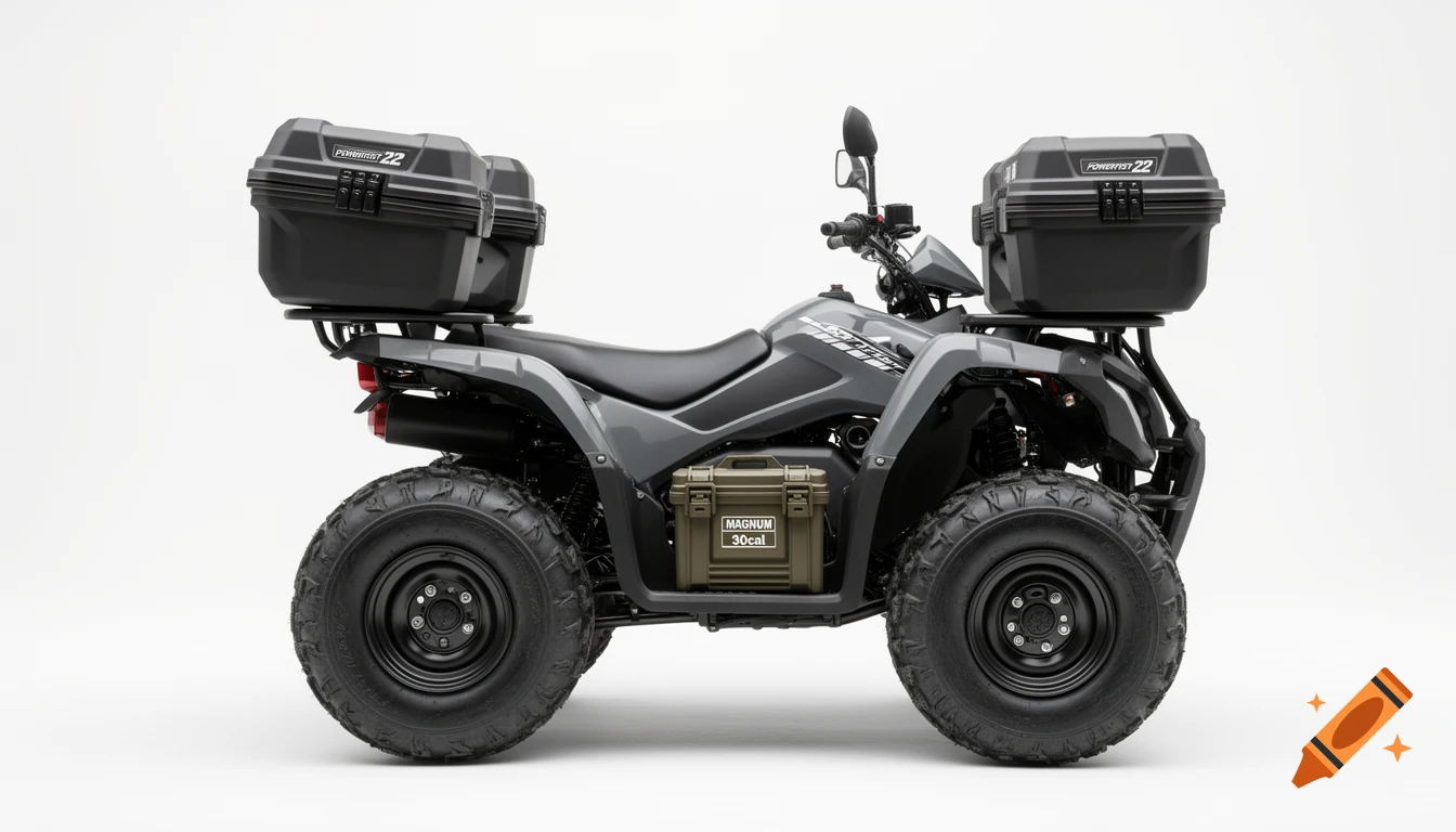 A crisp, high-detail side view of a grey ATV with black storage cases on the racks and a green ammo box, against a clean white background.