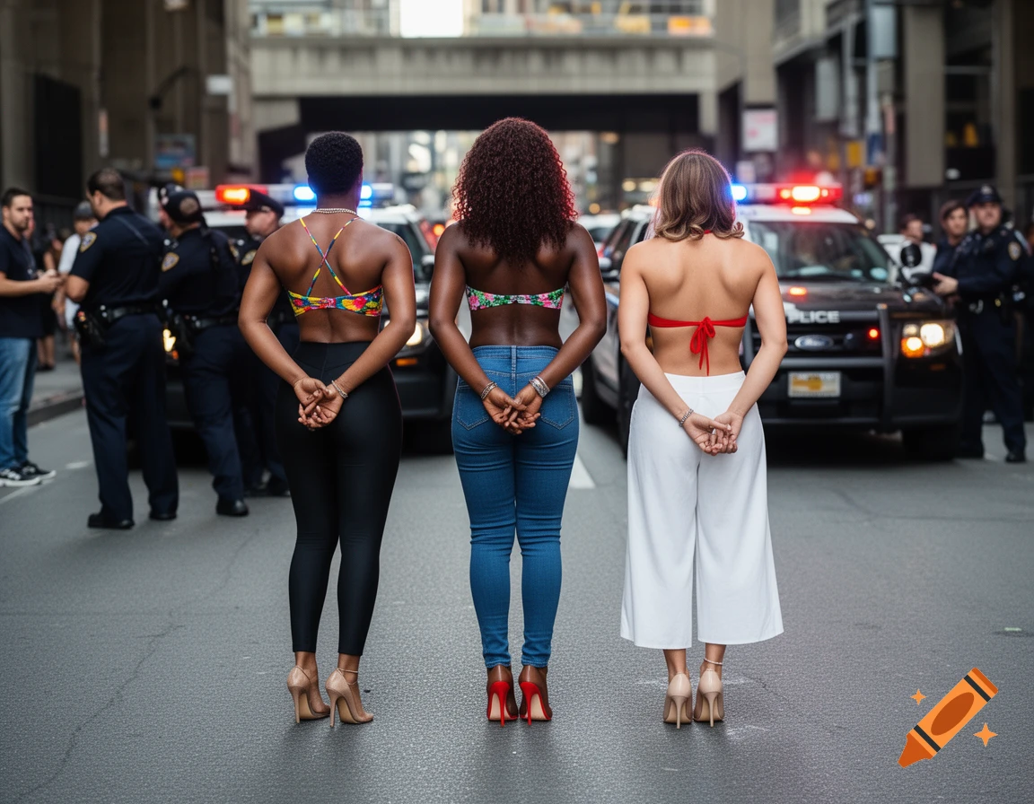 Three women in bikini tops, leggings, and heels stand with hands clasped behind their backs on a city street, facing police cars.